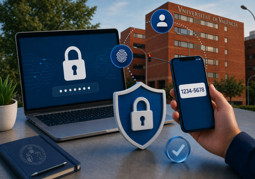 Ordenador portátil con un candado, un teléfono móvil recibiendo un código de verificación y un escudo protector