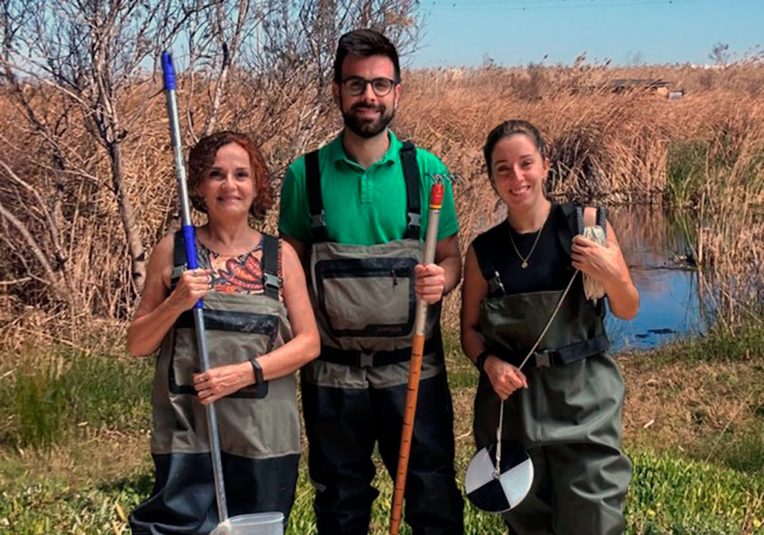 From left to right: María A. Rodrigo, Eric Puche and Nuria Carabal, researchers who published the article, in one of the constructed wetlands of the Albufera Natural Park in Valencia.