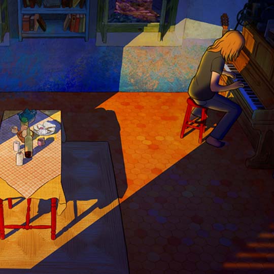 Still. A boy playing the piano and a girl in a living room