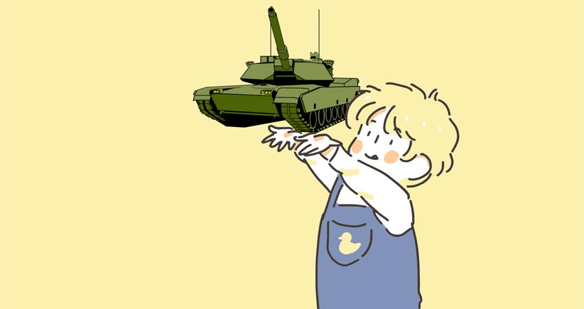 Dibuix d'un nen i un tanc