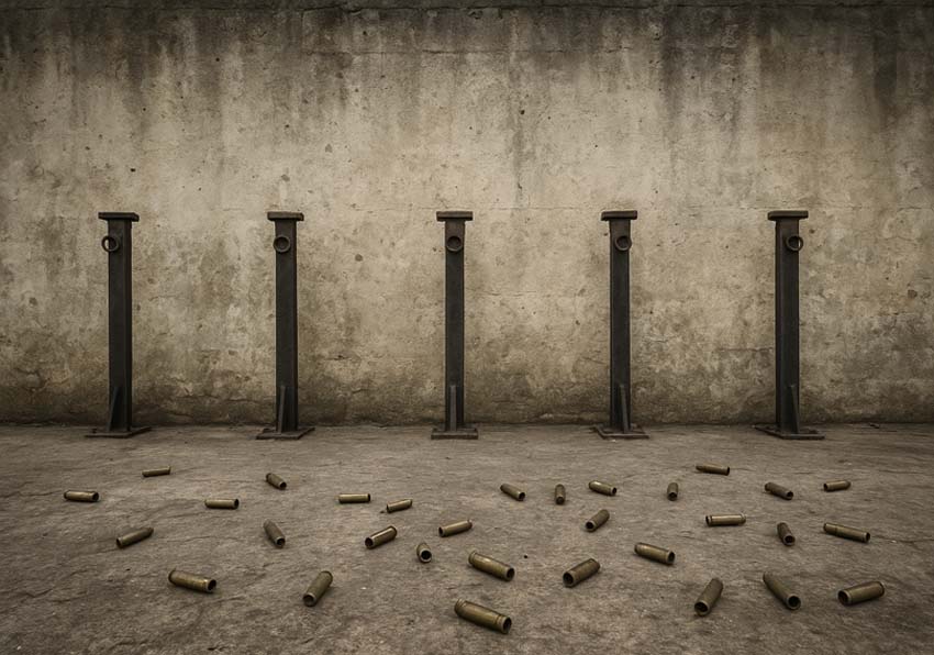 Firing wall and shell casings on the ground