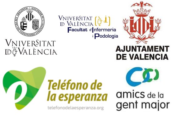 Logo Universitat València, Facultat Infermeria i Podologia, Ajuntament de València, Teléfono de la esperanza i Amicas de la Gent Gran