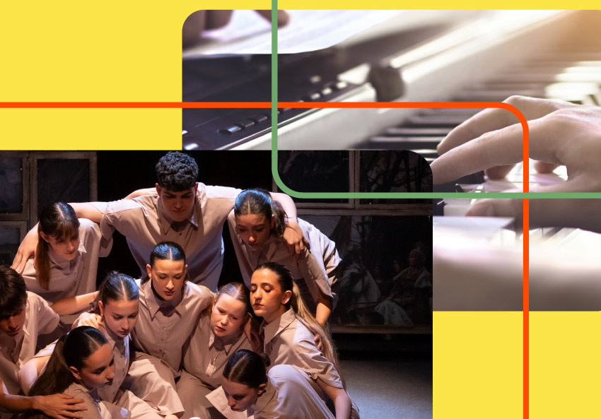 Collage amb imatges d'Escena Erasmus i un plànol detall d'un piano