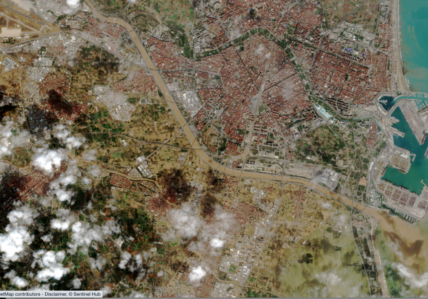 Primeras imágenes satelitales de la crecida del Barranco de Poyo en el Área Metropolitana de Valencia