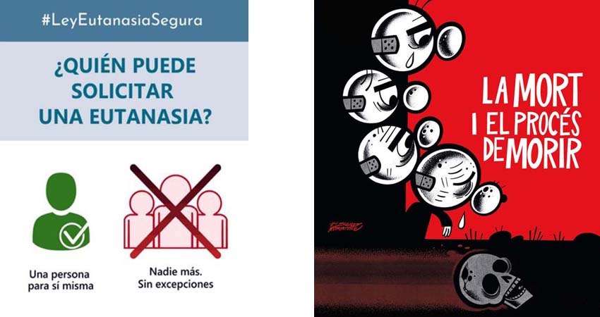 Cartoons of the poster, people and skulls