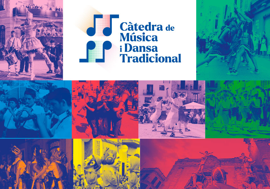 Imatges de dansa tradicional amb el nom de la càtedra de Música i Dansa Tradicional UV