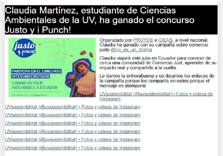 Claudia Martínez, estudiant de Ciències Ambientals, guanyadora del concurs Justo i !Punch!