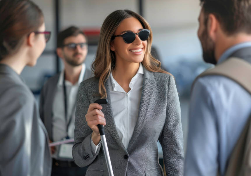 Visually-disabled woman chatting with her colleagues.