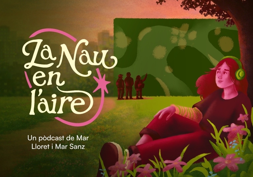 Imatge del esdeveniment:Il·lustració promocional. En un paisatge de campus, una estudiant amb auriculars descansa sobre l’herba mentre observa un gran mural verd amb formes abstractes; al fons, tres figures miren l’obra.