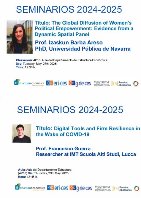 Seminars 2024 -2025. 27th May, Aula 4P18, 12:30h Izaskun Barba: The global diffusion of women's political empowerment: evidence from a dynamic spatial panel. 29th May, 4P18, 12:45h Francesco Guerra:Digital tools and firm resilence in the wake of COVID-19