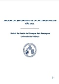 Imatge de la coberta i enllaç a l'Informe seguiment 2021 de la carta de serveis de la Unitat de campus de Tarongers