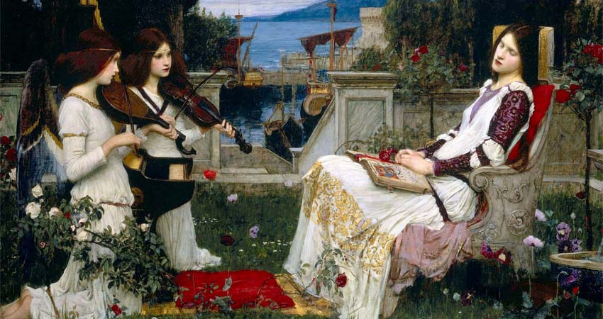 Detail of a painting, two women playing music and another in an armchair listening