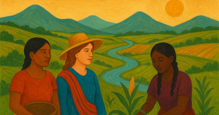 Drawing of three women in the countryside