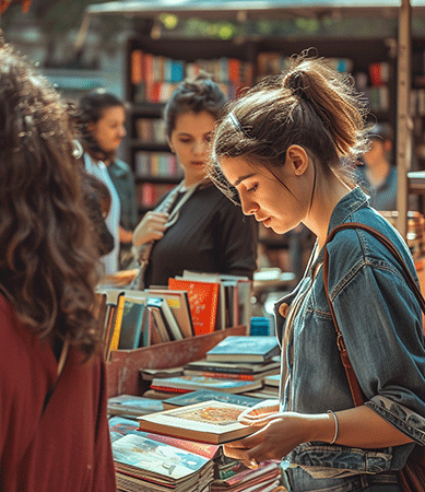 Young woman looking at books