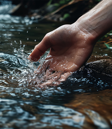 Mano tocando el agua de un río