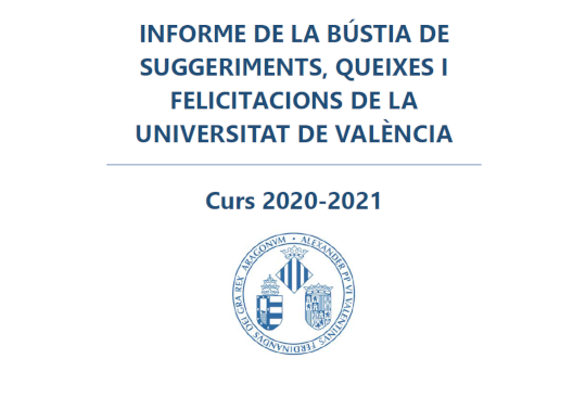 Portada de l'informe de la Bustia de suggeriments, queixes i felicitacions de la Universitat de València del curs 2020/2021