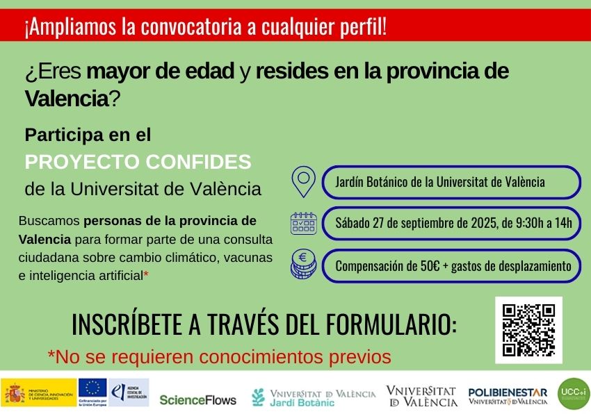 Cartel informativo con los datos más relevantes: 27 de septiembre, de 9:30 a 14:00 en el Jardín Botánico de València. Se gratifica la participación con 50 euro