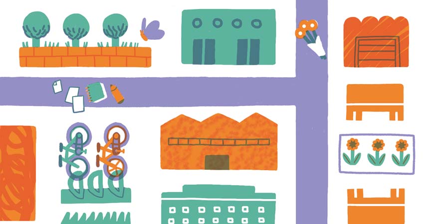 Detalle del cartel, dibujos de edificios, parques, animales, jardines...