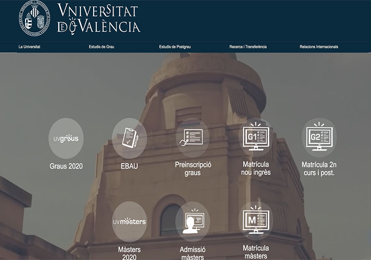 Screenshot of the University of Valencia website (www.uv.es).