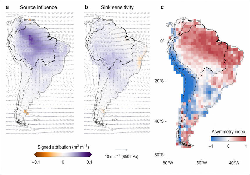Estructura espacial de las teleconexiones direccionales entre la vegetación y la humedad del suelo en Sudamérica. Créditos: imagen del estudio publicada en <i>Nature Communications</i>.