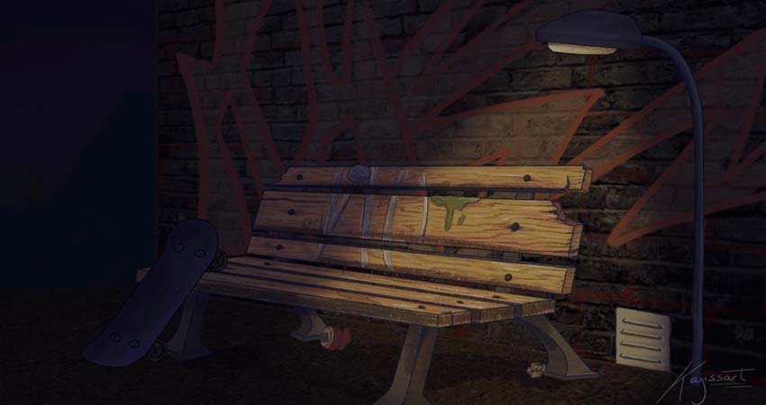 Un banc de fusta i un monopatí