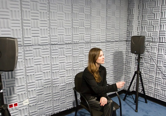 Woman in a soundproof room