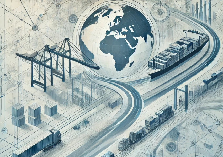 Drawing of a ball of the world with economic and logistical symbols