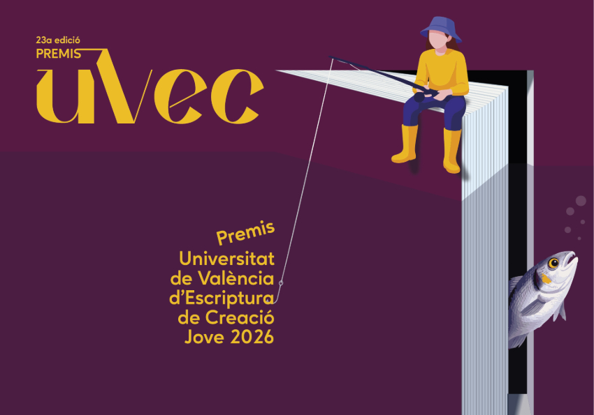 Person sitting on a giant book pretending to fish a letter from the cover