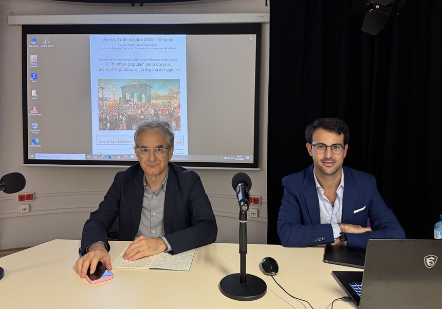 Andrea Bombi (Projecte FonUrMed UV) i David San Narciso (UCM) durant la conferència.