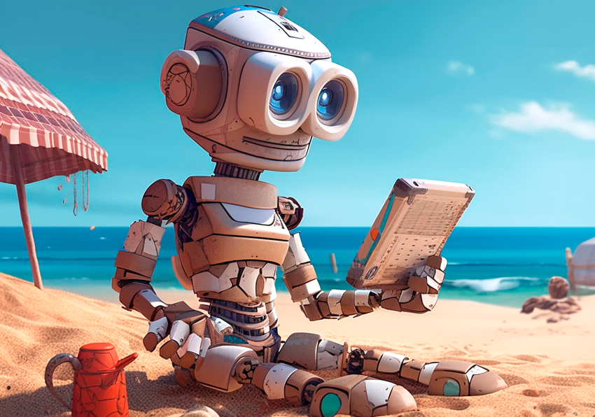 Dibuix d'un robot assegut a l'arena de la platja mirant una tableta.