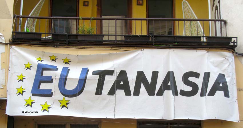 Hanging poster asking for the legality of euthanasia