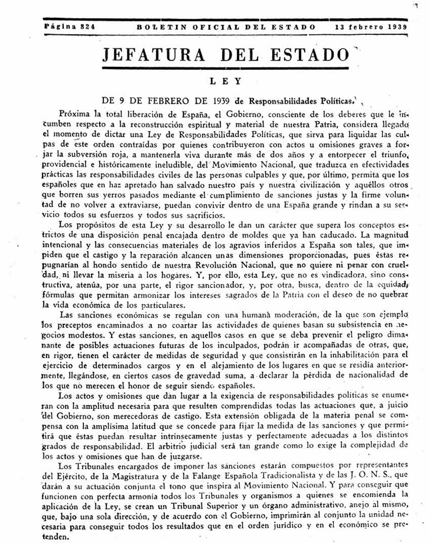 Portada BOE Ley de Responsabilidades Políticas (1939)
