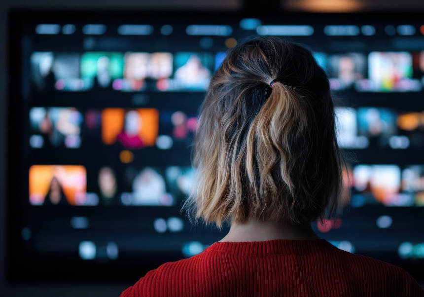 A woman is in front of production monitors.