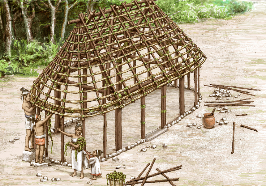 Il·lustació de Construint una casa maia