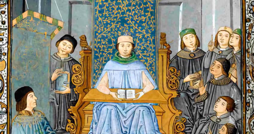 Dibuix d'Antonio de Nebrija impartint una classe de gramàtica