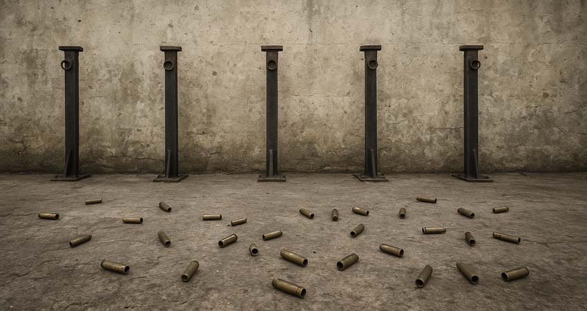Firing wall and shell casings on the ground