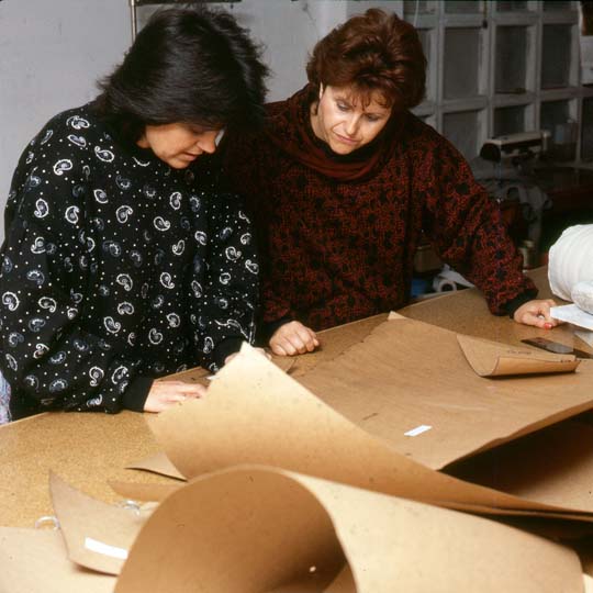 Two women looking at clothing patterns