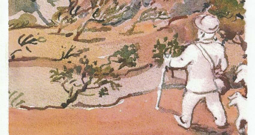 Dibujo de un hombre y un perro por el monte