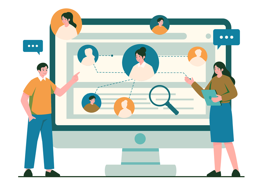 Illustration with two people pointing at a giant computer screen.