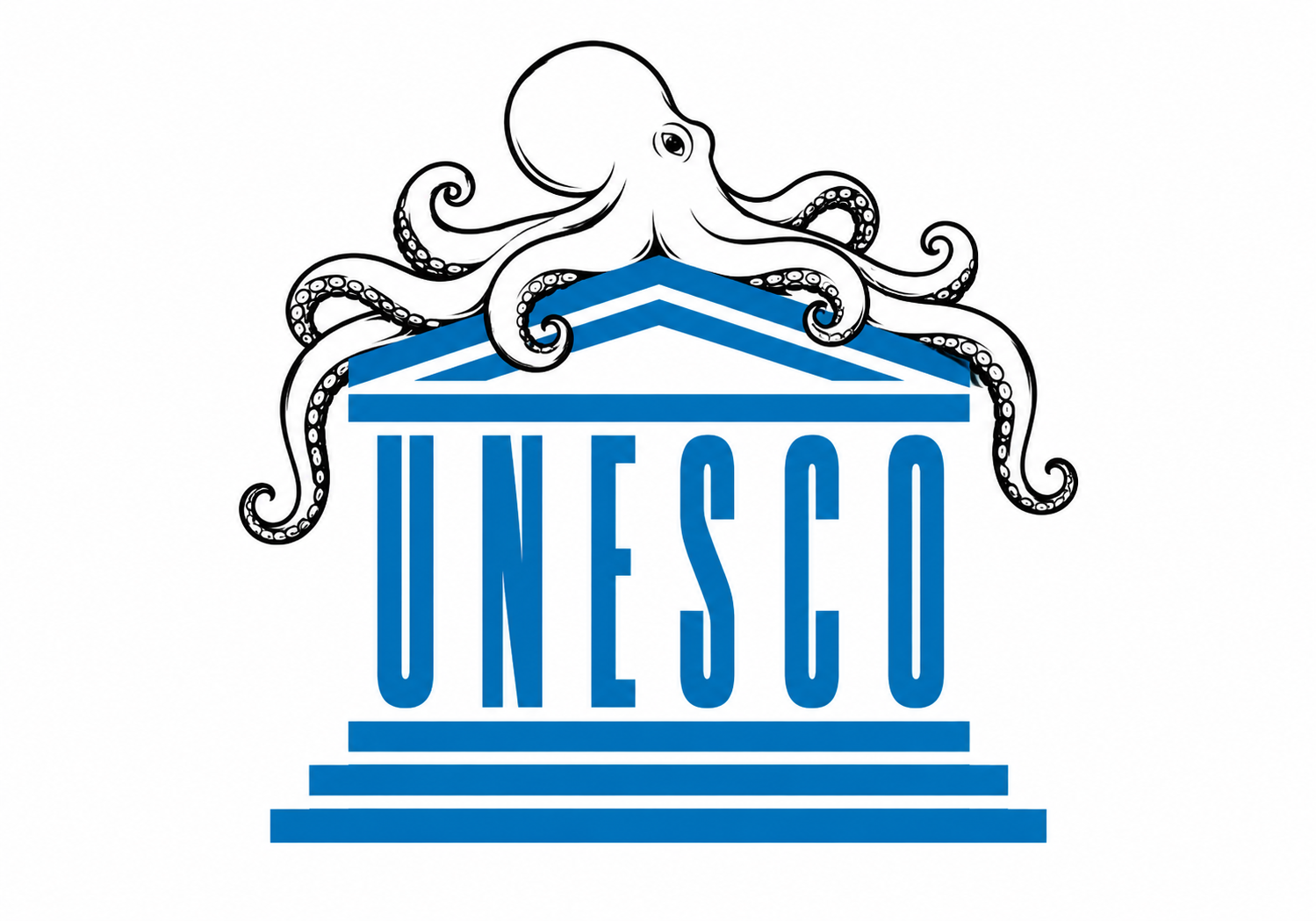Pulpo esquemático en blanco y negro posado sobre el emblema azul de la UNESCO.