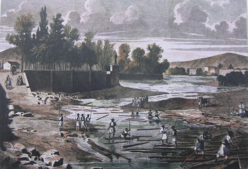 Old engraving depicting the driving of timber along the Río Blanco near Ademuz (Valencia).