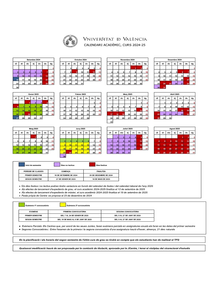Calendari acadèmic de la UVEG 2024-2025