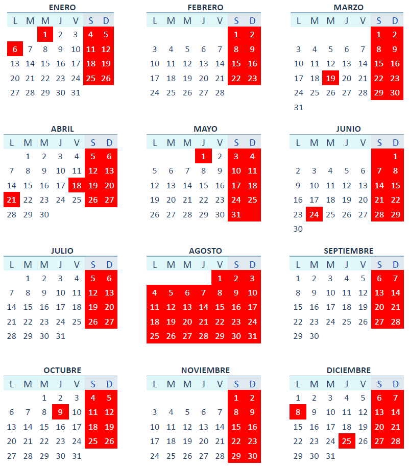 Calendario días inhábiles 2025