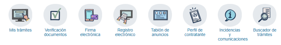 Iconos alineados horizontalmente con acceso directo a gestiones resaltadas o más comunes: mis trámites, verificación de documentos, firma, registro electrónico, tablón anuncios, perfil contratante, incidencias y comunicaciones y buscador de trámites 