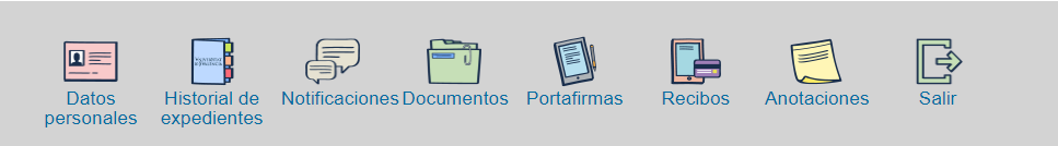 Botones de acciones en mis trámites: datos persoocumentos,torial de expedientes, notificaciones, documentos, portafirmas, recibos, anotaciones y salir (de izquierda a derecha)