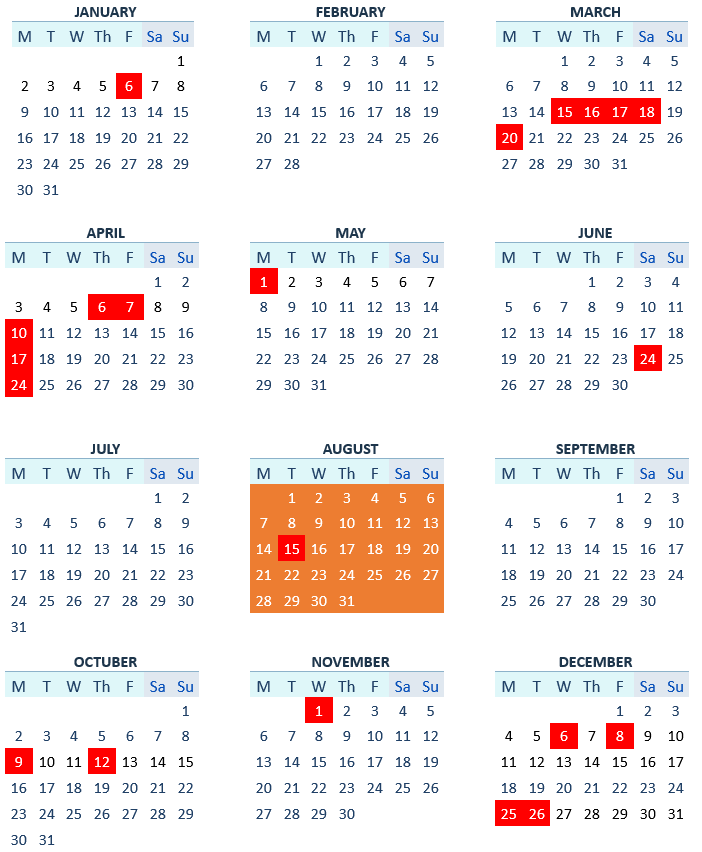Non-Working Days Calendar