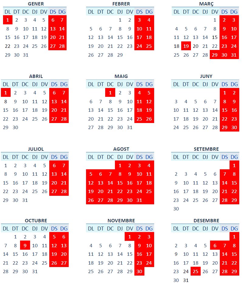 Calendari dies inhàbils 2024