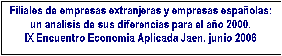 Cuadro de texto: Filiales de empresas extranjeras y empresas espa�olas: un analisis de sus diferencias para el a�o 2000. 
IX Encuentro Economia Aplicada Jaen. junio 2006 

