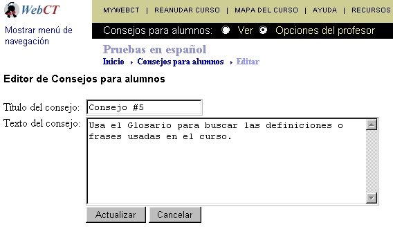 Editor de Consejos para alumnos