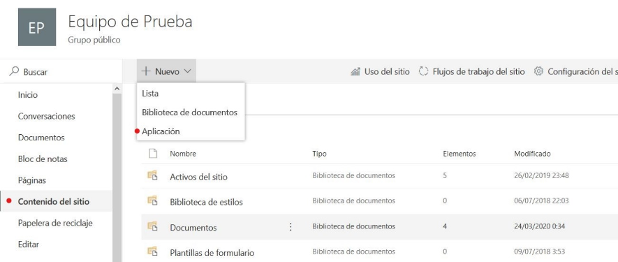 Crear aplicació dins de Contingut de lloc de SharePoint